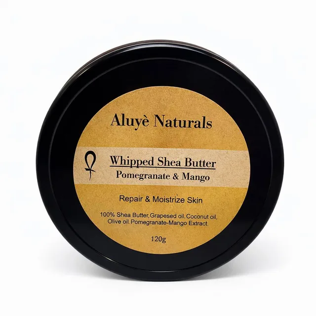 Pomegranate & Mango Whipped Shea Butter in Aluye Naturals black packaging