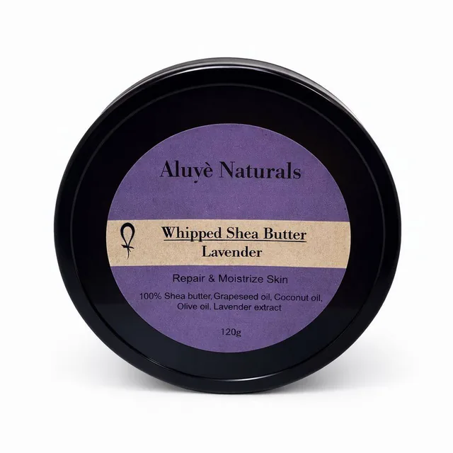 Lavender Whipped Shea Butter in Aluye Naturals black packaging
